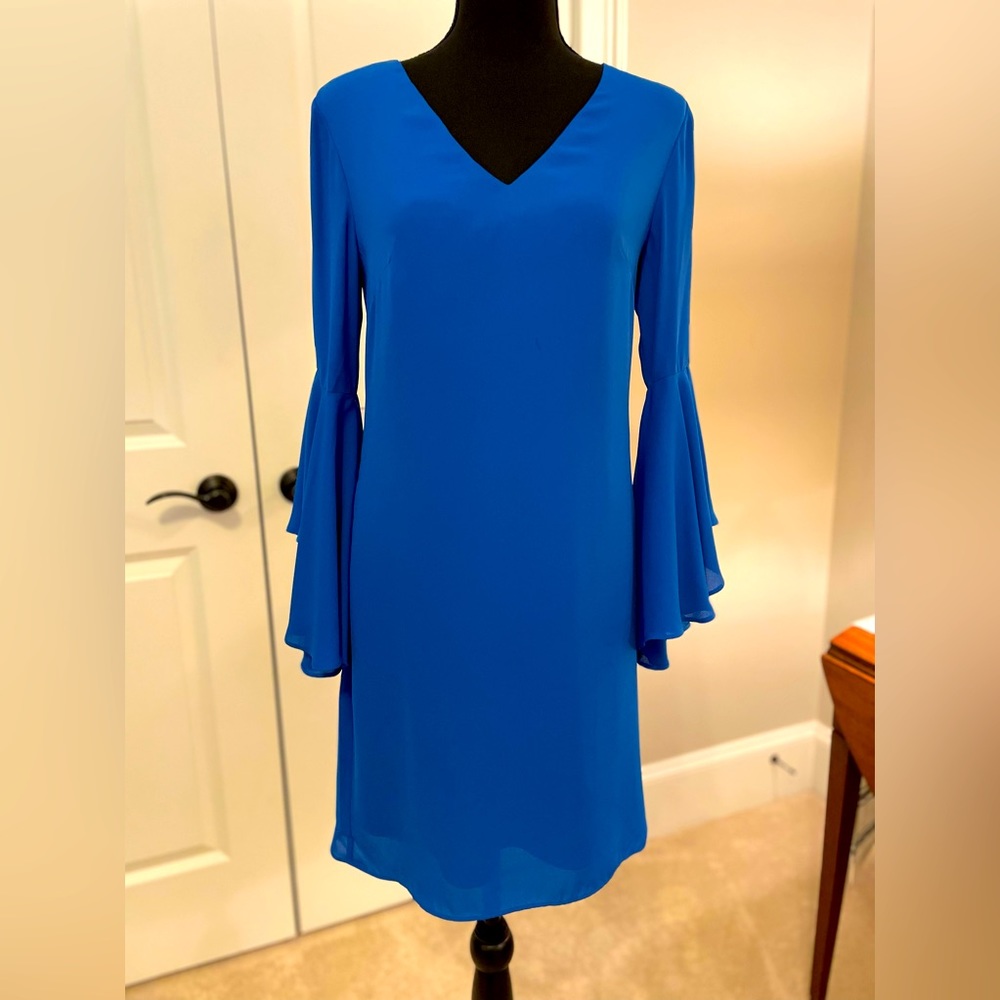 White House Black Market royal blue a-line dress, v-neckline, cowl-draped back.